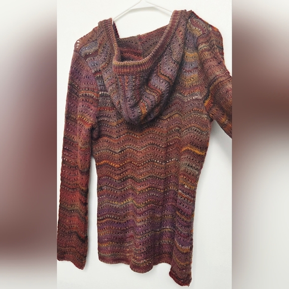 Royal Robbins Multi- Coloured Purple and Brown Crochet Knit Sz L Hooded Sweater - Picture 8 of 16